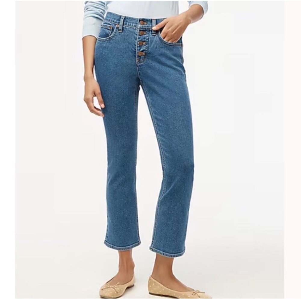 J.Crew Mid-Rise Flare Crop Jeans in All-Day Stretch Button Fly Size 28